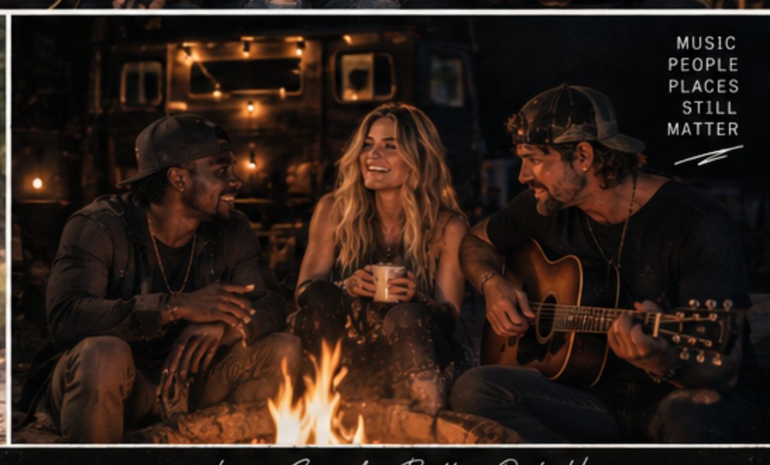The band laughing around a firepit outside their tour trailer at night