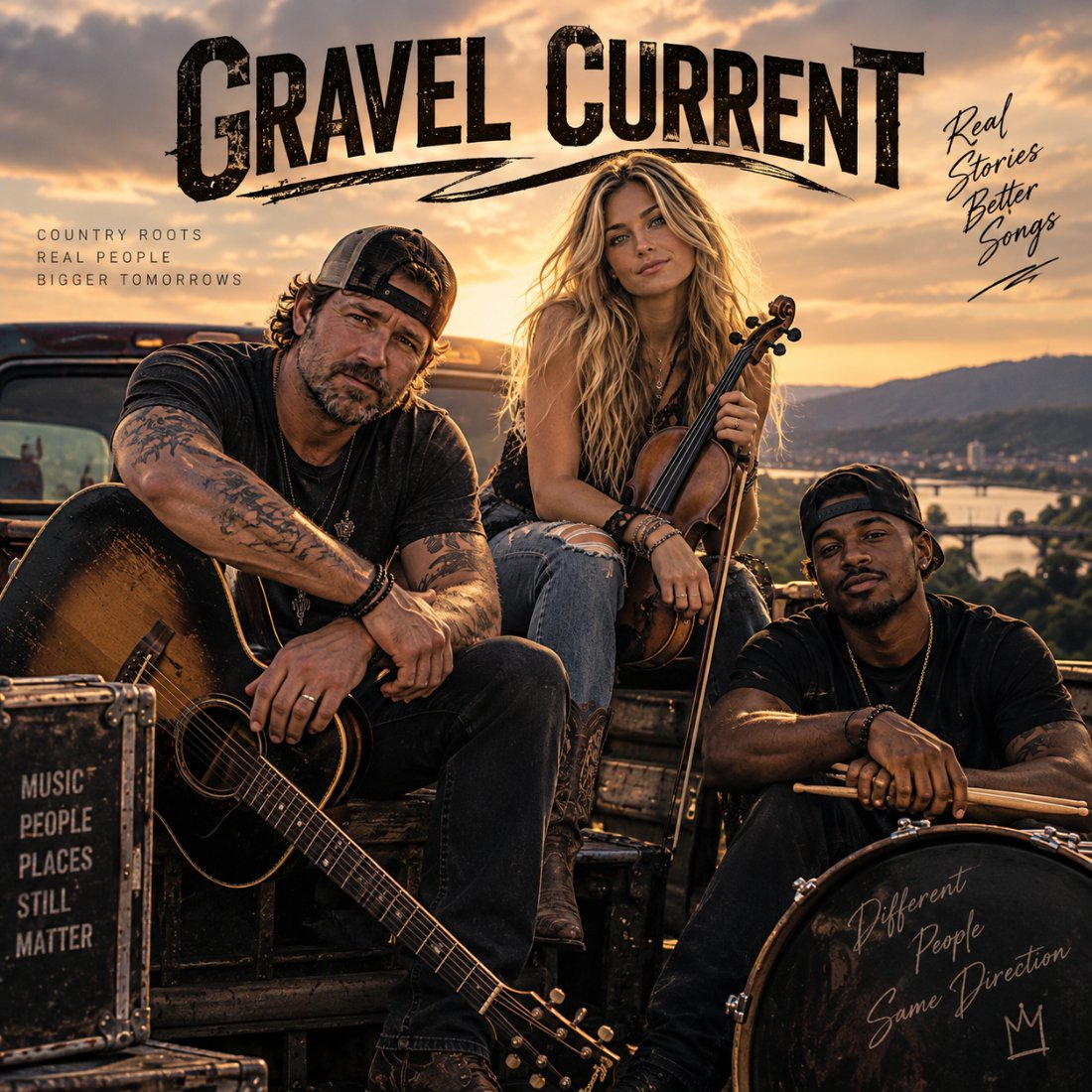 Wyatt, Sam and Jo-Jo sitting on a truck bed at sunset with a river valley behind them