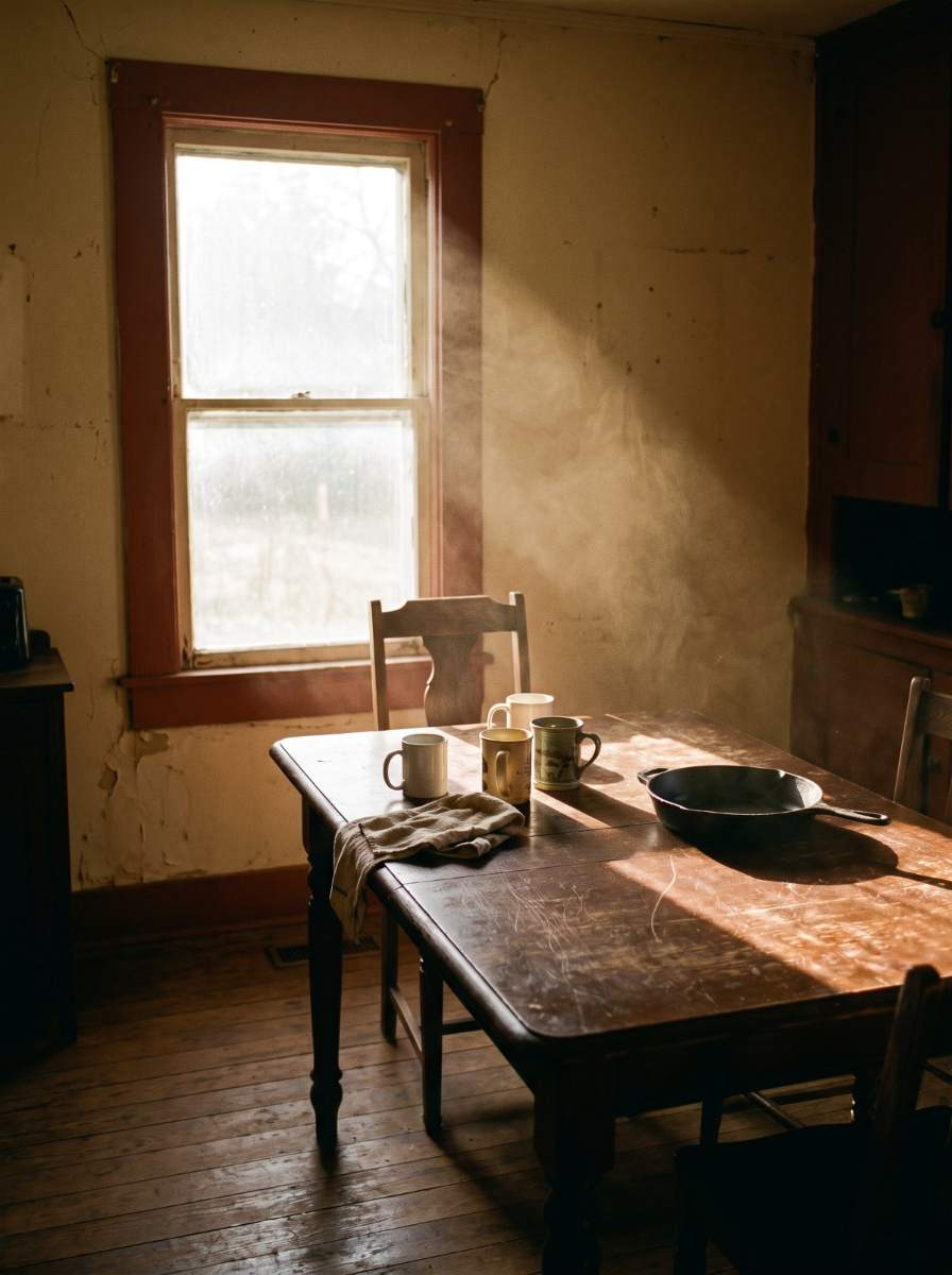 Morning light across a worn kitchen table in an old Southern house