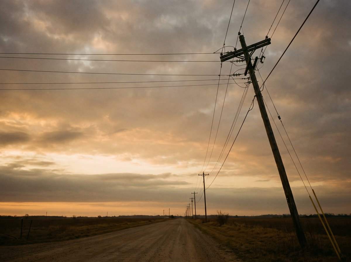 Power lines along an empty rural road at dawn